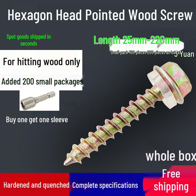 Hex Pointed-Head Self-Tapping Wood Screws M5/M6 - Flanged Wood Thread, Drilling Tail