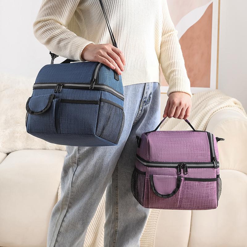 New Double Layer Tote Lunch Bags Large Oxford Cloth Cooler Picnic Bags With Shoulder Strap School Office Insulation Bags