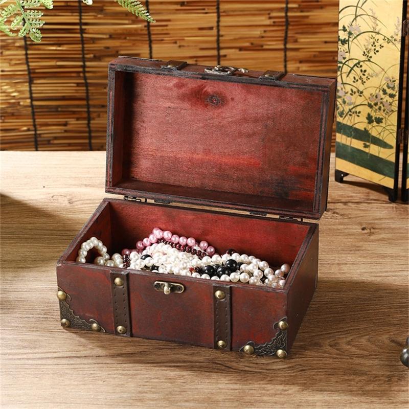 Antique Wooden Storage Box with Lock Decorative Hinged Lid Small Chest for Coin Jewelry Keepsakes Home Decoration