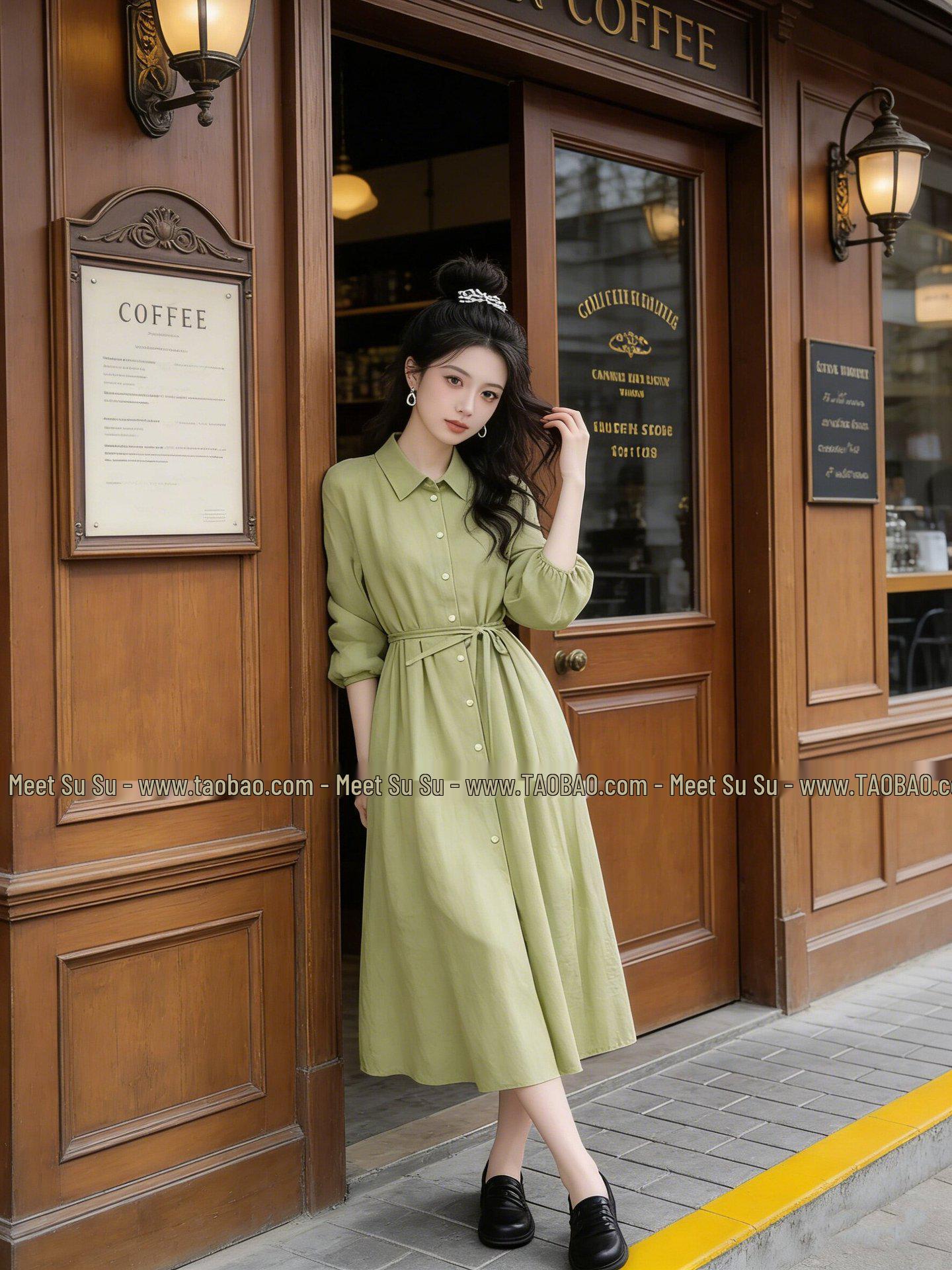 

Elegant French Green Long-Sleeve Shirt Dress for Women - Slim Belted Waist, Forest-Inspired Style XXL