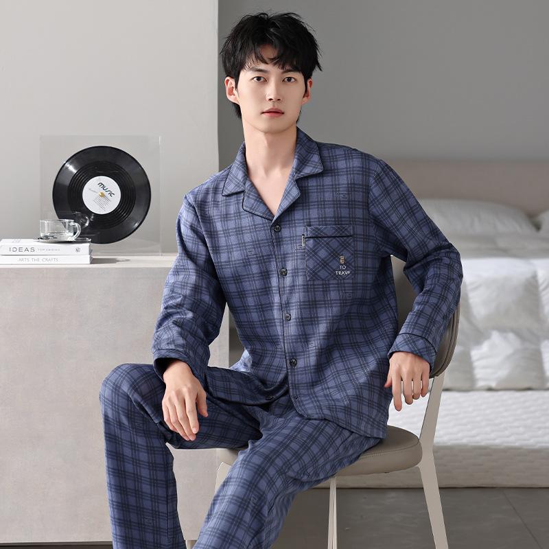 Pure Cotton Pajamas Men'S Spring And Autumn Long-Sleeved Cardigan Autumn Cotton Can Be Worn Outside Loungewear Suit