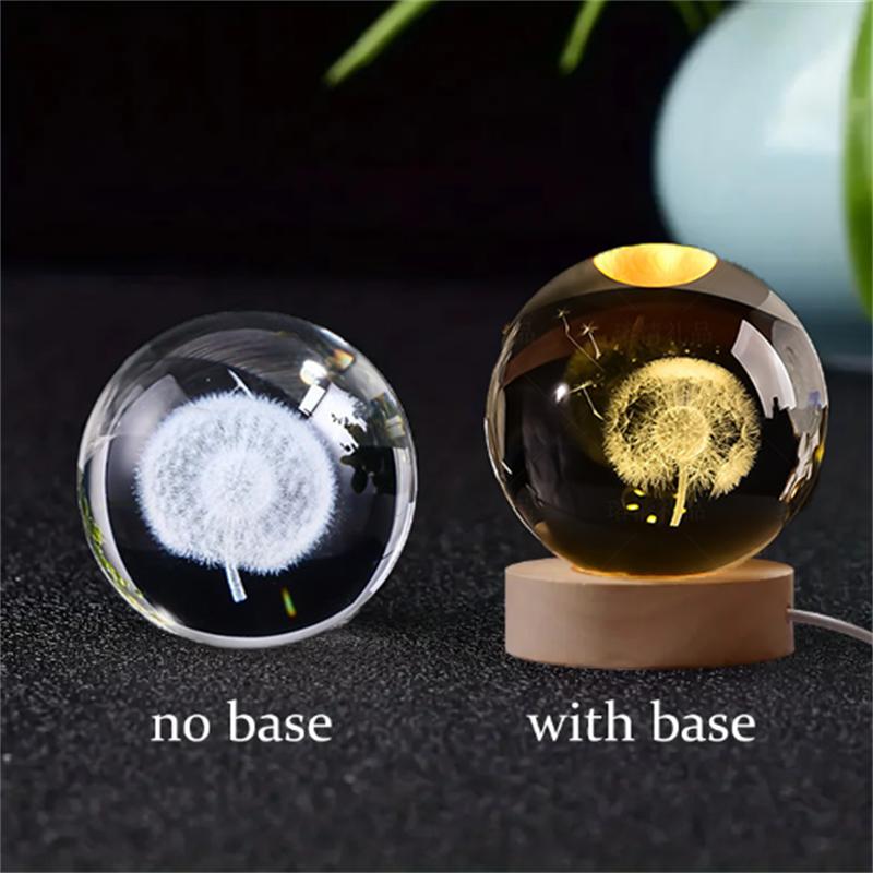 6/8cm 3D Crystal Ball Glass Planet LED Warm Night Light Laser Engraved Solar System Globe Universe Birthday Gift Wooden Base