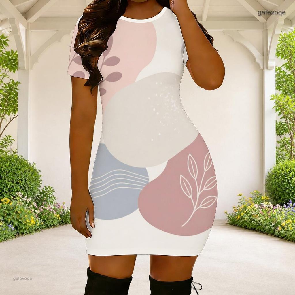 Women Plus Size Round Neck Short Sleeve Printed Fitted Mini Dress