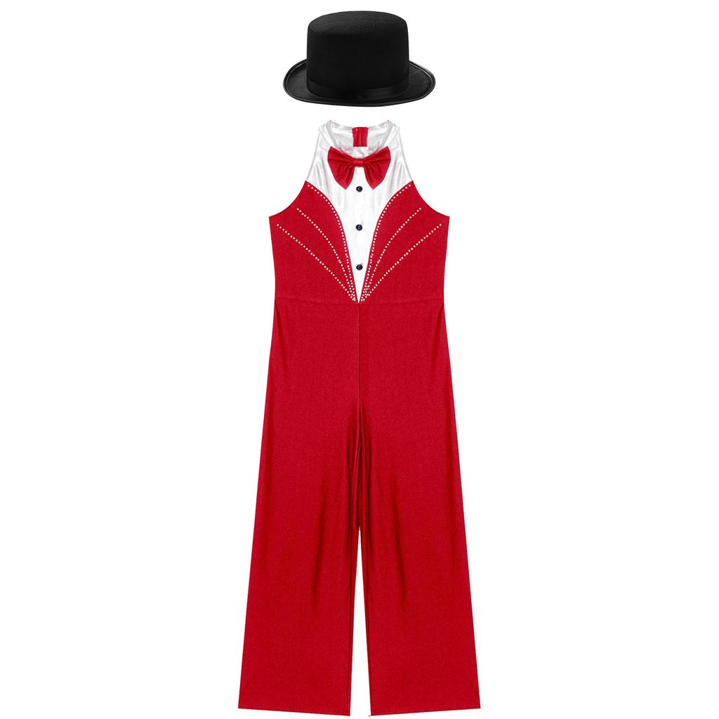Girls Jazz Dance Costume Metallic Patchwork Jumpsuit Rhinestone Color Block Sleeveless Bodysuit with Felt Hat