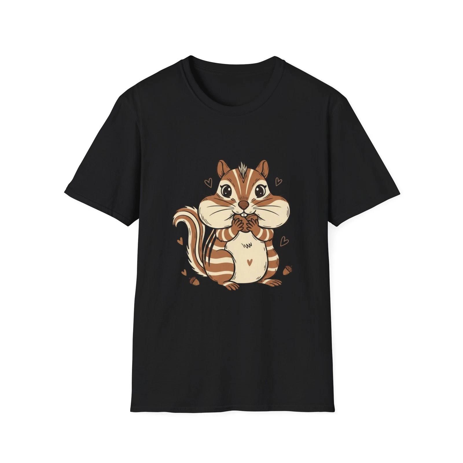 Cute Chipmunk Hearts Acorn Black Graphic Tee Kawaii Animal T-Shirt 2XL