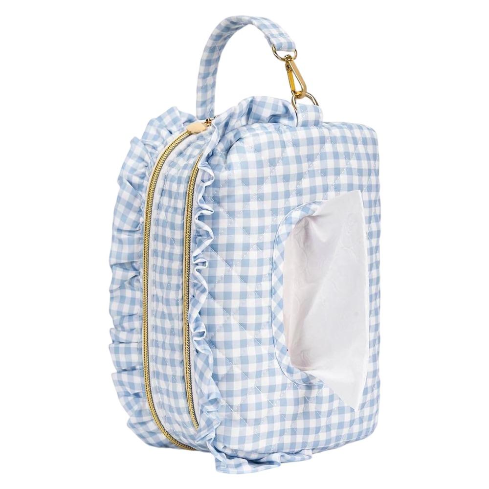 Polyester Baby Wipes Bag Carry Handle Ruffle Trim Wipes Storage Bag Gingham Floral Pattern Tissue Dispensing Opening