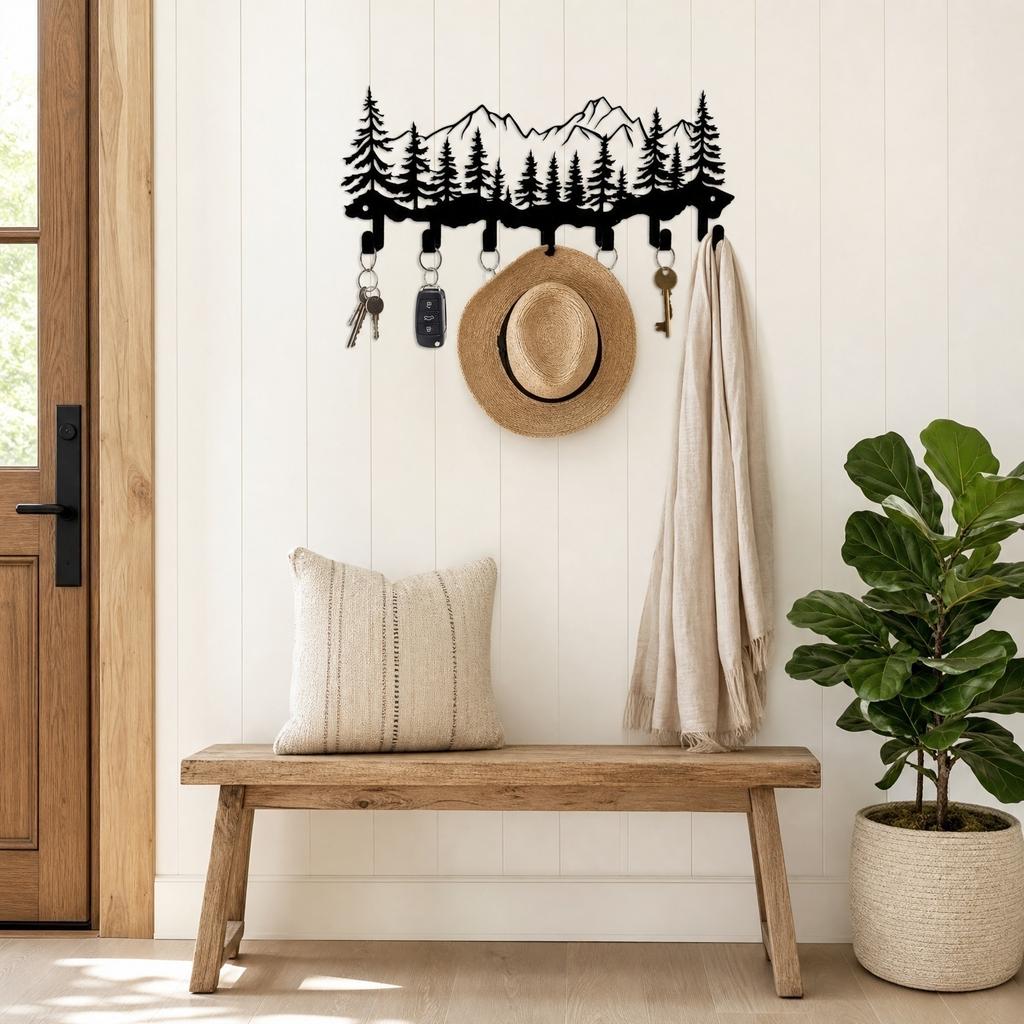 Metal Wall Mount Key Holder Rack with Mountain and Tree Design Multiple Hooks for Entryway Organization and Home Storage