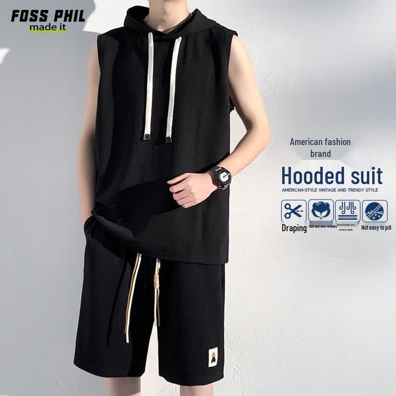 Foss Phil Men s Summer Casual Hooded Sleeveless Top & Sports Pants Set XL