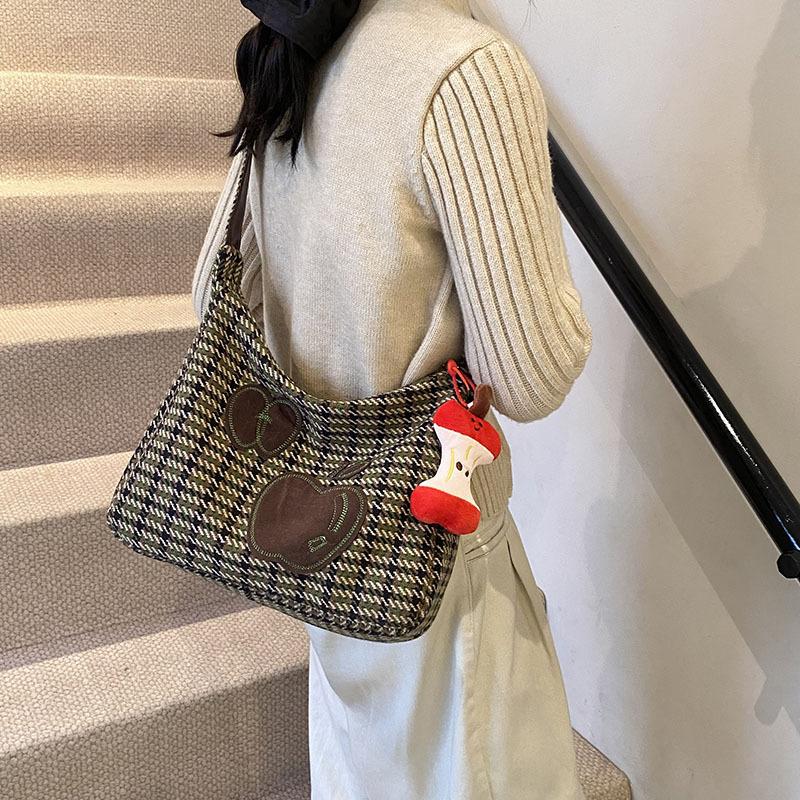 Vintage woolen bag 2025 new embossed letter double-sided shopping bag contrasting color striped underarm shoulder bag