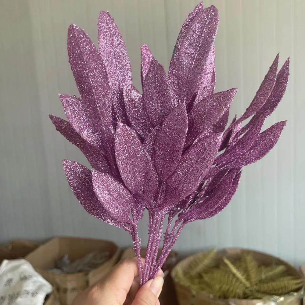 10Pcs New Artificial Artificial Leaves DIY 6-Leaf Fake Plant Leaves Glitter Christmas Tree Decor New Year Gift