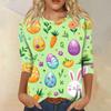Top Pulóver Casual de Moda para Mujer con Mangas Tres Cuartos y Estampado de Pascua con Cuello Redondo