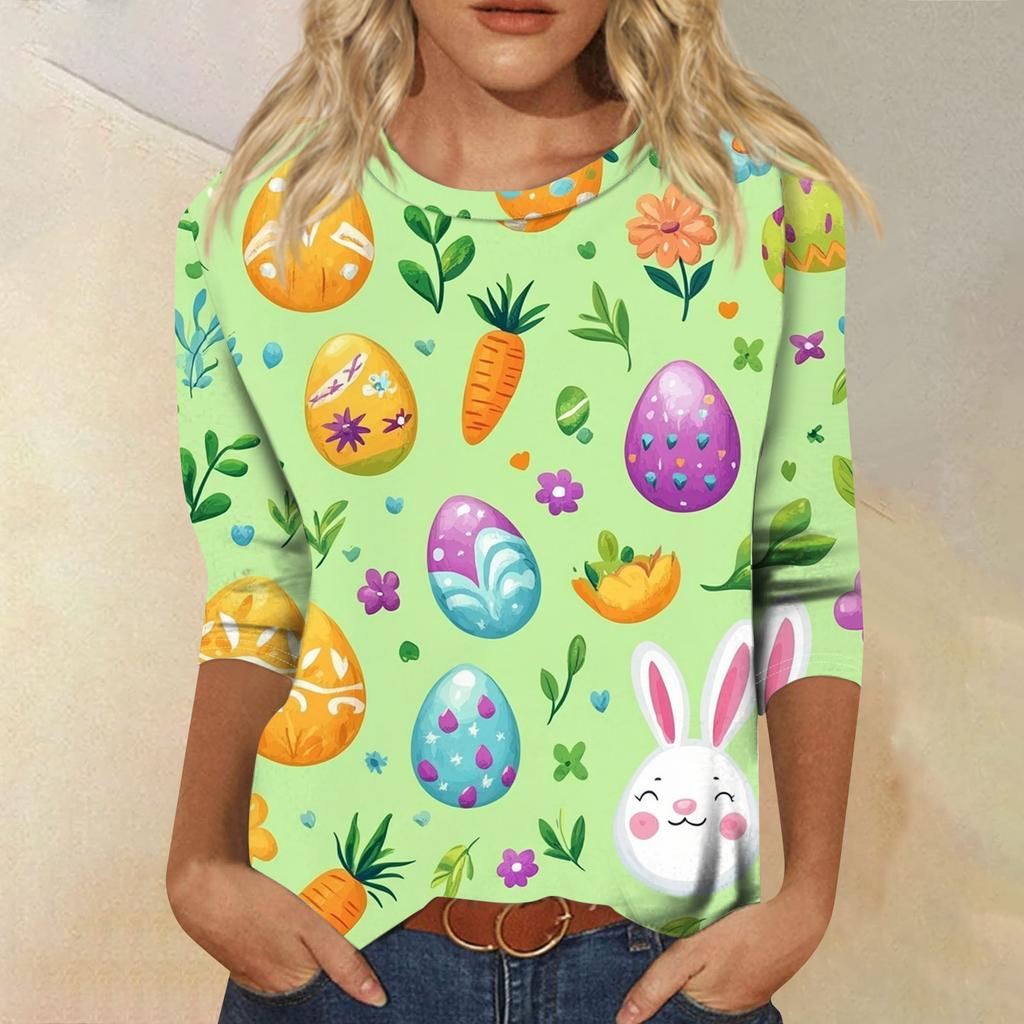 Top Pulóver Casual de Moda para Mujer con Mangas Tres Cuartos y Estampado de Pascua con Cuello Redondo