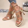 Fashion Rhinestone Clear One Buckle Strap Square Toe Sandals Women's Summer New Versatile Stiletto Non-Slip High Heels