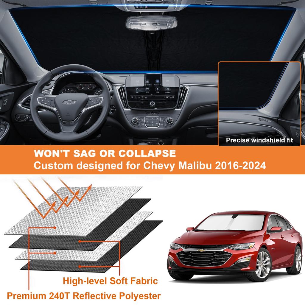 Car Window Sun Shade Front Windshield Custom For Chevy Malibu 2016-2024 Sunshade Cover Window Sun Visor Foldable Blocks UV Rays