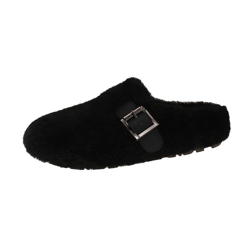 French Flat-bottomed Fluffy Slippers for Women's Outer Wear 2025 Autumn and Winter New Models Are Great-looking, One Pedal, Velvet Mary Jane Cotton M