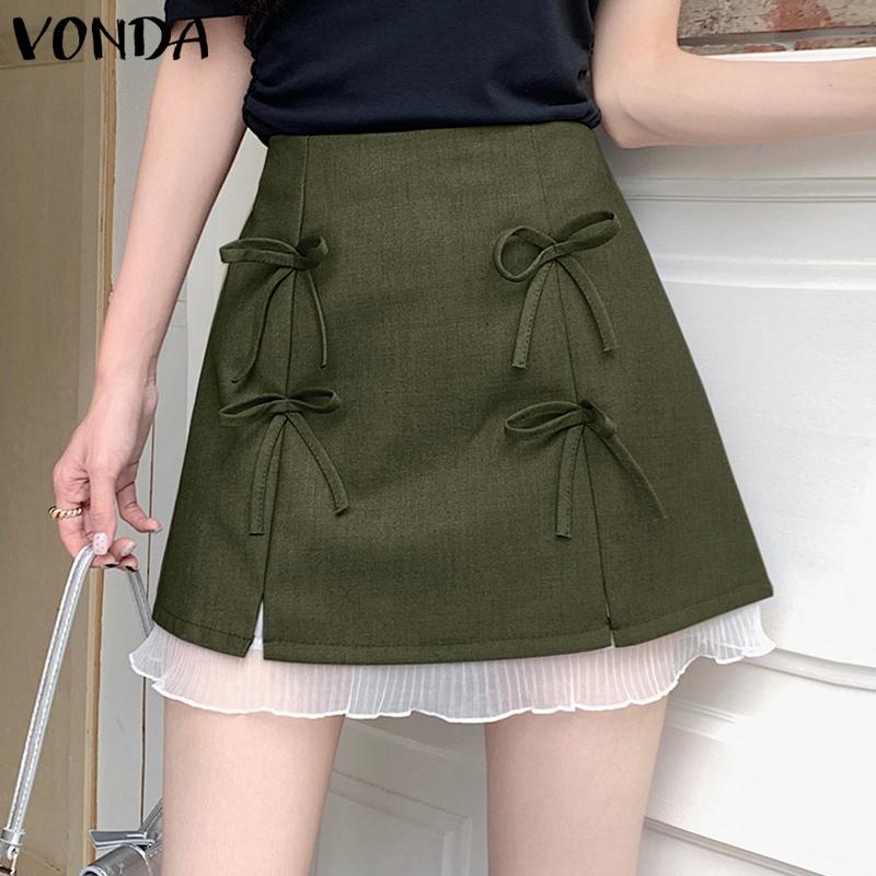 VONDA Women Zipper Waist Bow Knot Solid Color Netyarn Hem Mini Skirts