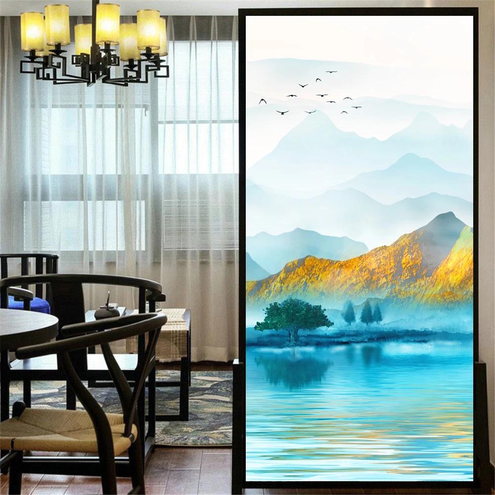 

Decorative Windows Film Privacy Landscape Painting Stained Glass Window Stickers No Glue Static Cling Window Tint (as the picture,40x60cm WxH)