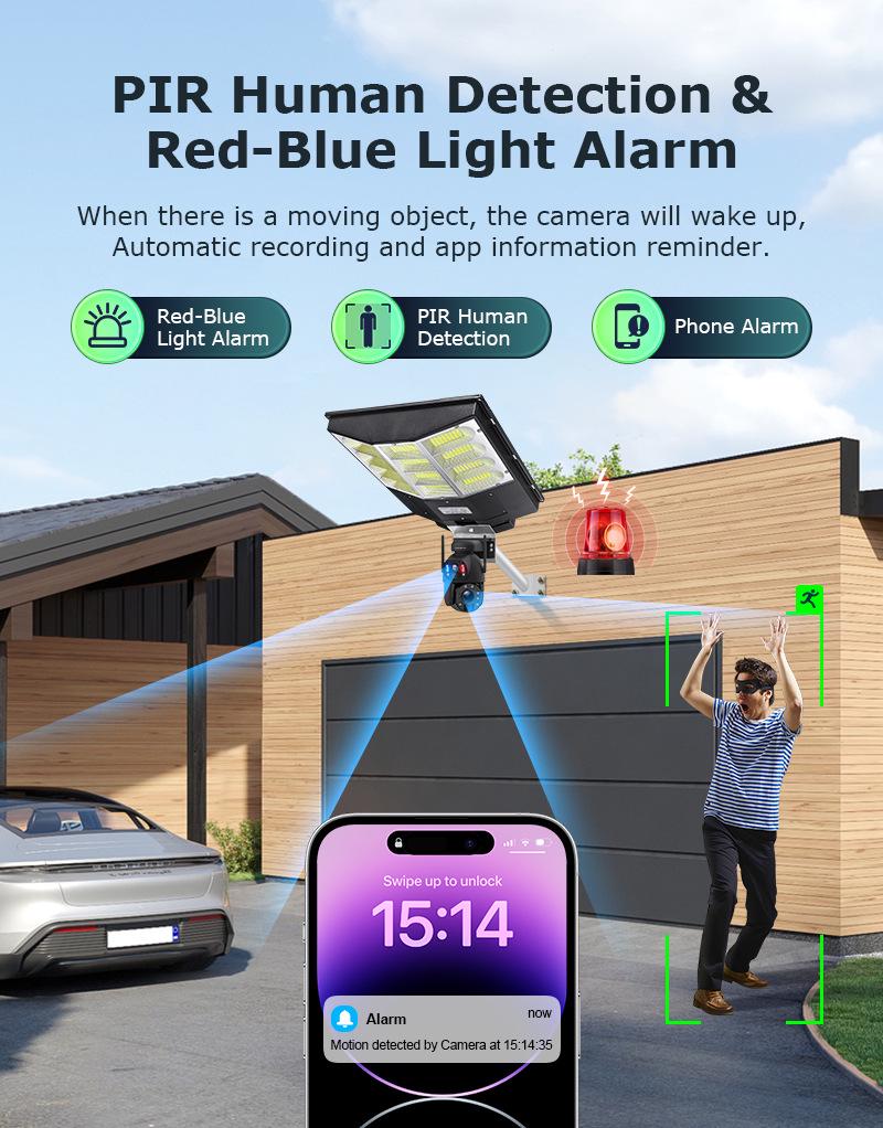 6MP Outdoor Solar Street Light Camera, 20X Zoom, Full Color Night Vision, PTZ, Dual Picture