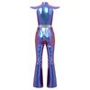 Retro 70er Disco Club Jumpsuit für Herren Flatterärmel Reißverschluss vorne Farbverlauf Pailletten Oberteil Schlaghosen Color Block Unitard Halloween