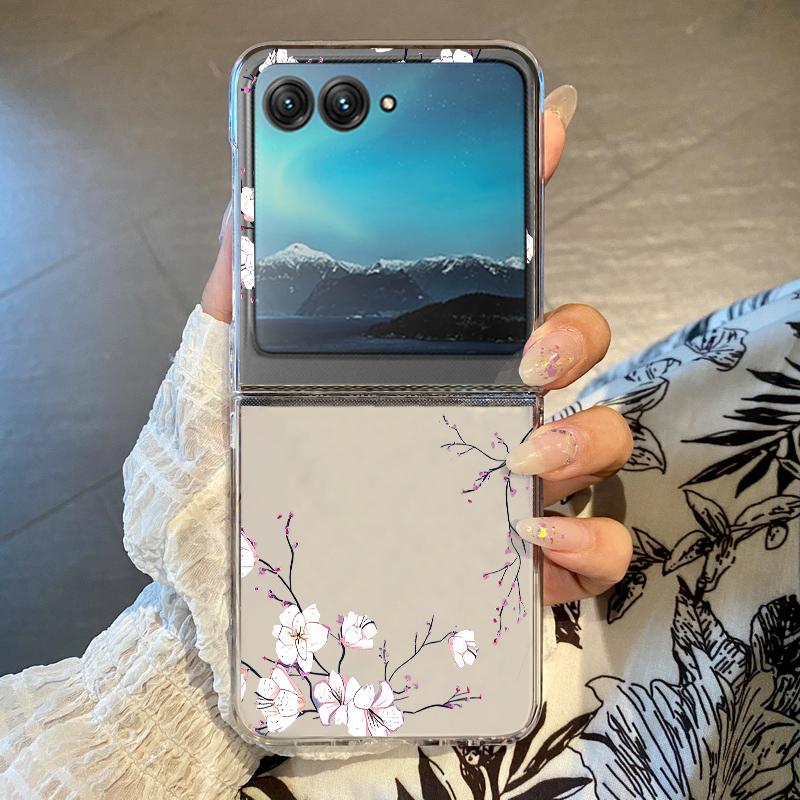 White Flowers Pattern Phone Case For Motorola Razr 60 50 40 Ultra Razr40 Razr50 Shockproof Bumper Folding Transparent Hard Cover Motorola Razr 50 Ultra