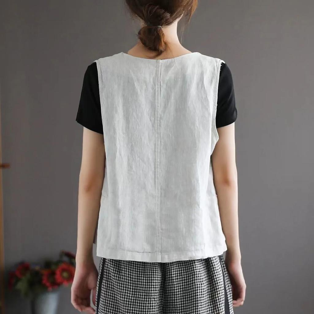 Damen Leinenweste, lässige ärmellose Strickjacke, Jacke, lockere und dünne Freizeitweste, blaugrüne Weste für Damen