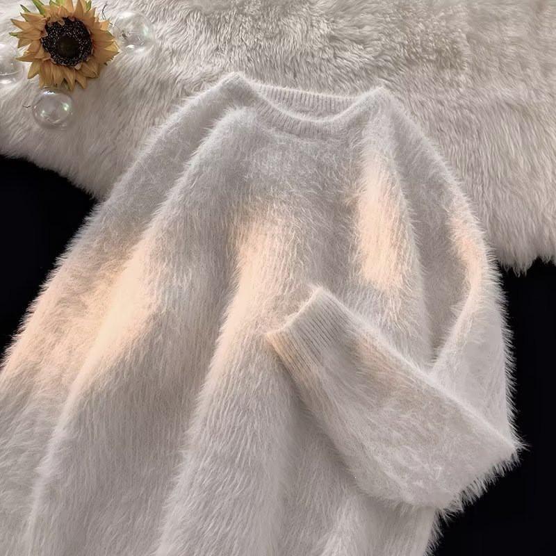 Pull Tricoté Oversize Hommes Femmes Hiver Chaud Coupe Ample Col Rond Manches Longues Pull avec Détail torsadé