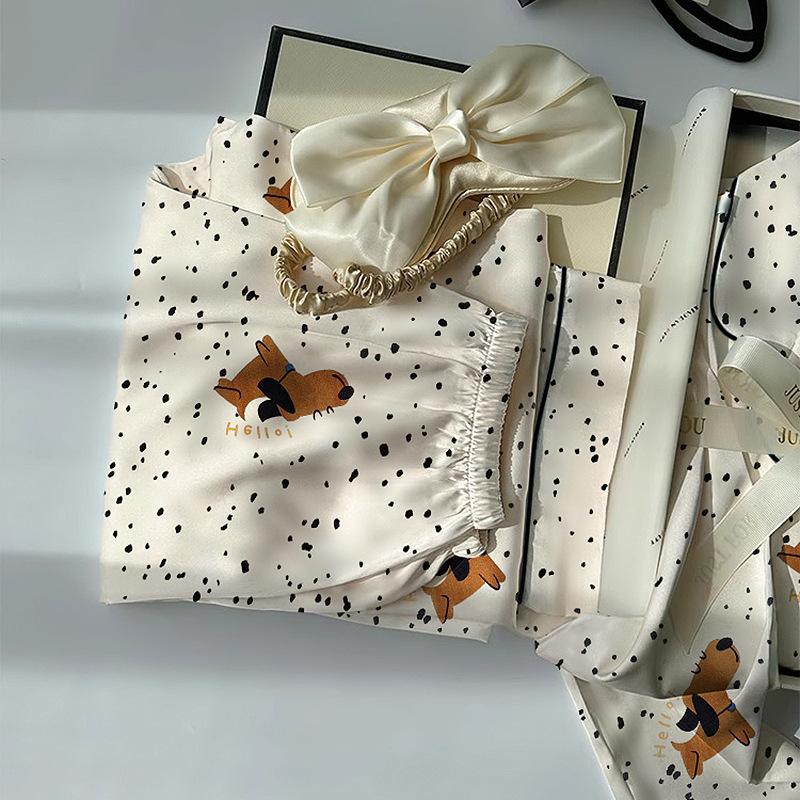 Ice Silk Thin Style Women'S Long-Sleeved Pajamas Spring And Autumn Cartoon Brown Puppy Polka Dot Print Loungewear