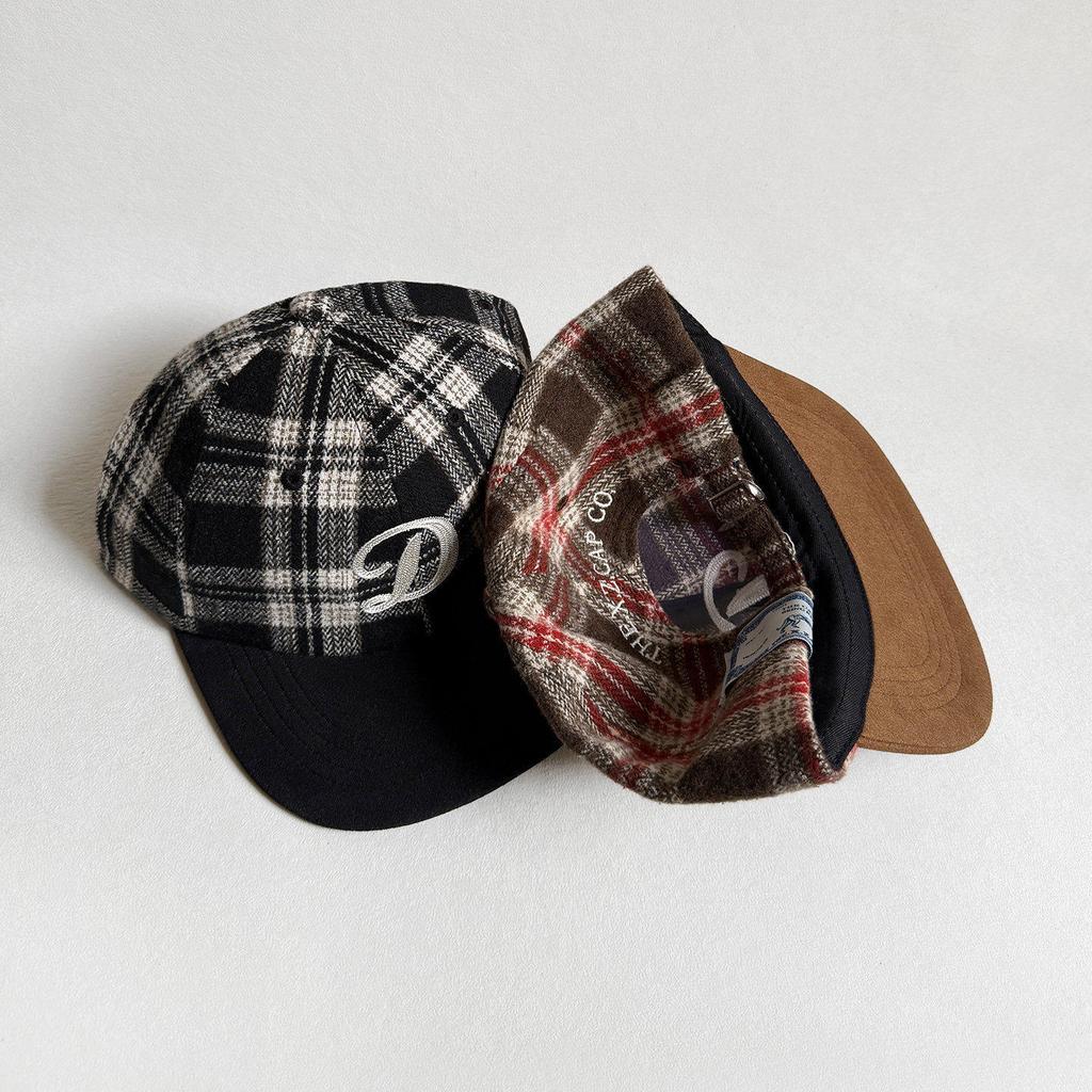 Vintage college plaid baseball hat women's new face peaked cap flat-brimmed hip-hop hat