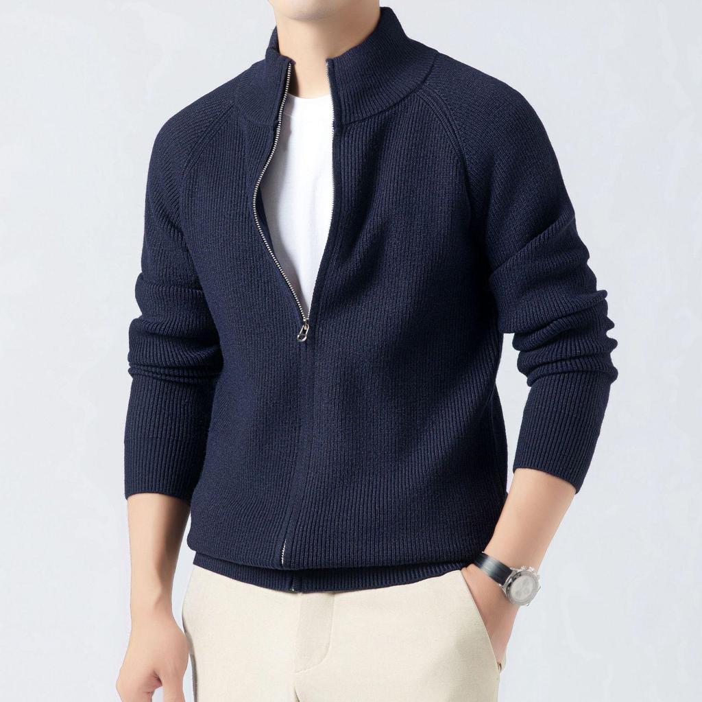 2025 Autumn/Winter Men's Stand-Up Collar Knitted Cardigan: Fashionable, Versatile Solid Color Sweater with Long Zipper.
