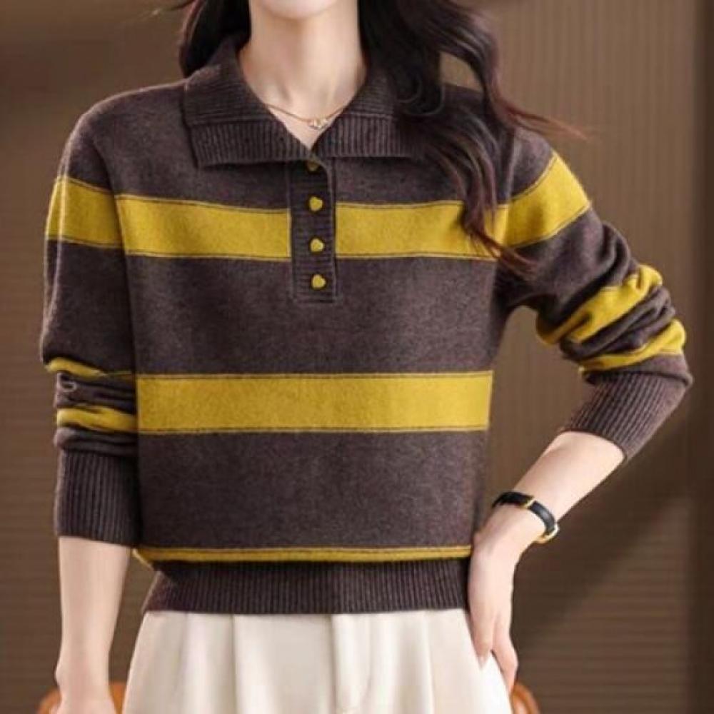 Navava Casual Color Block Striped Collar Long Sleeve Knit Top Nk3546