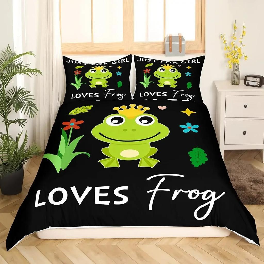 Cartoon Frog Duvet Cover Collection Light Green Cartoon Frogs Cute Dragonfly Animal Bedding Collection For Kid Twin Size Polyester Quilt Cover