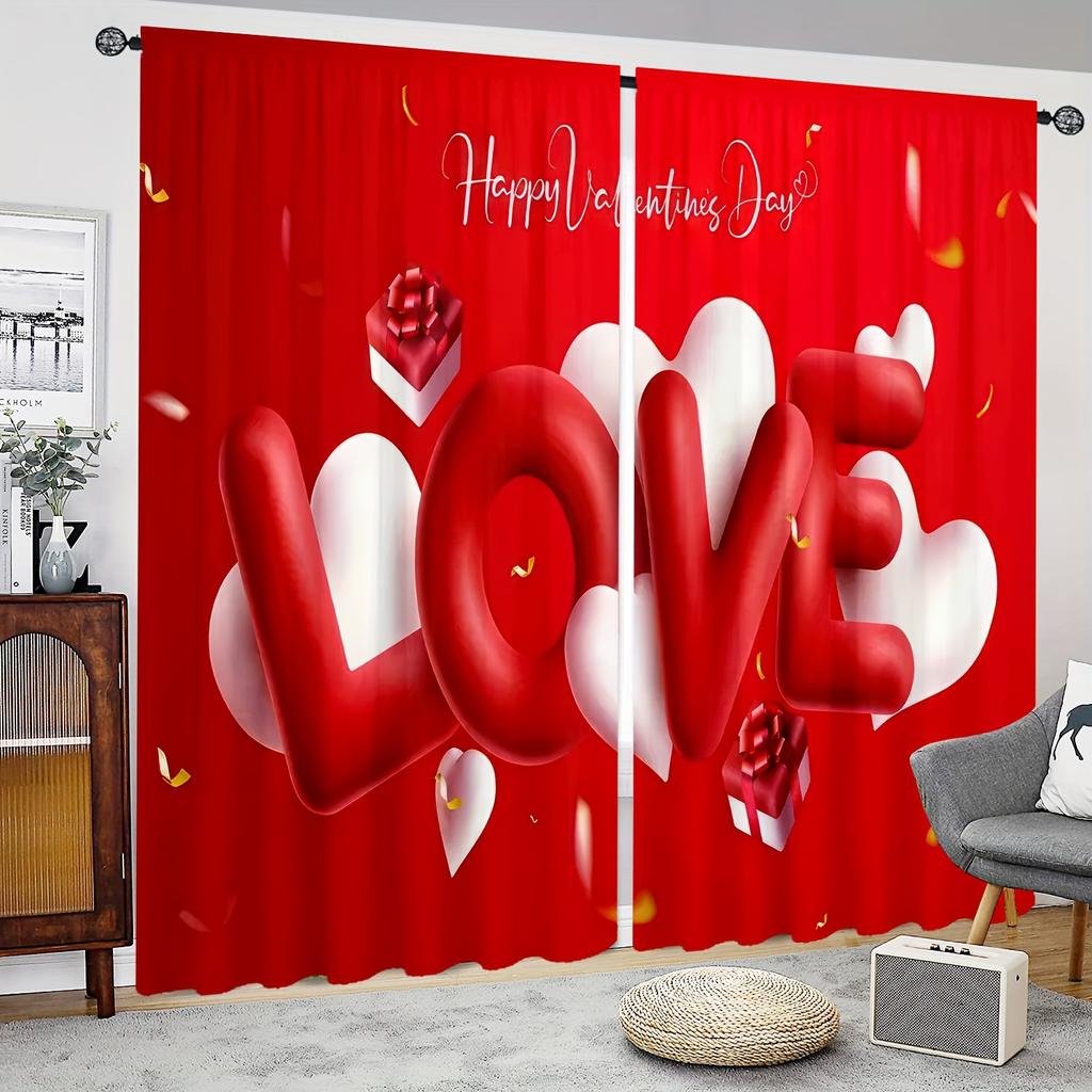Set Of 2 Romantic Love Curtains Rose Red Heart Floral Hd Digital Print Semi Transparent Living Room Bedroom Curtain Polyester Machine Washable Ideal