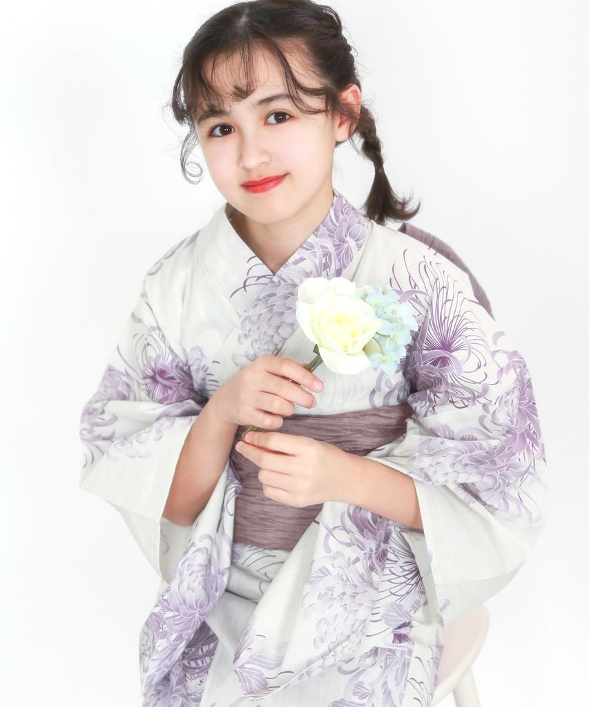 Yukata Set for Change 3 Piece Set Heiko Junior Girls H Purple Chrysanthemum [KYOETSU] Girls, Ecru, Weave, (Yukata, Obi, Geta) (2. Haze, 130cm)
