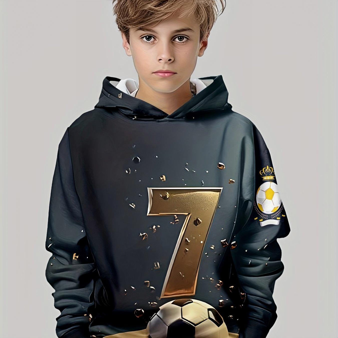 

Boys 3D Football Printed Hoodie - Black and Gold Football Design, Casual Sports Hoodie with 7 and Football Pattern on It 13-14Y