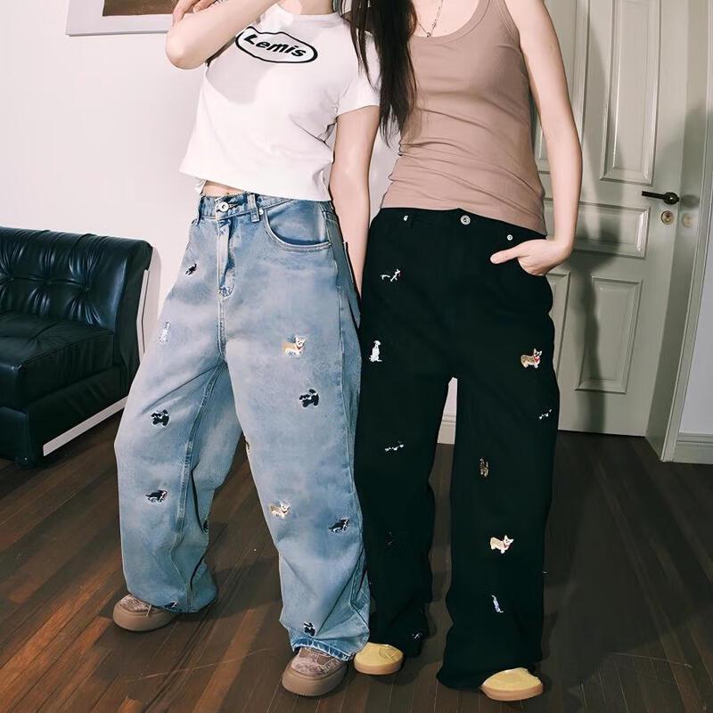 LEMANISM Cartoon Dog Embroidered Washed Straight-Leg Jeans