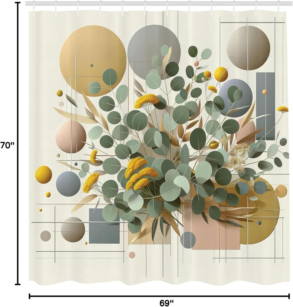Eucalyptus Leaves Shower Curtain, Blooming Botanical Design With Squares And Circles On Pastel Tones, Cloth Fabric Bat