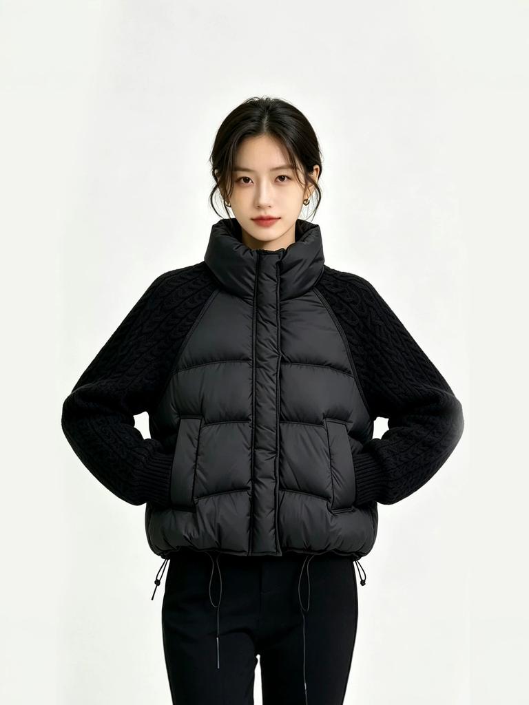 Autumn and winter casual cotton clothes women's short stand-up collar body cotton filled knitted twist sleeve splicing women's jacket