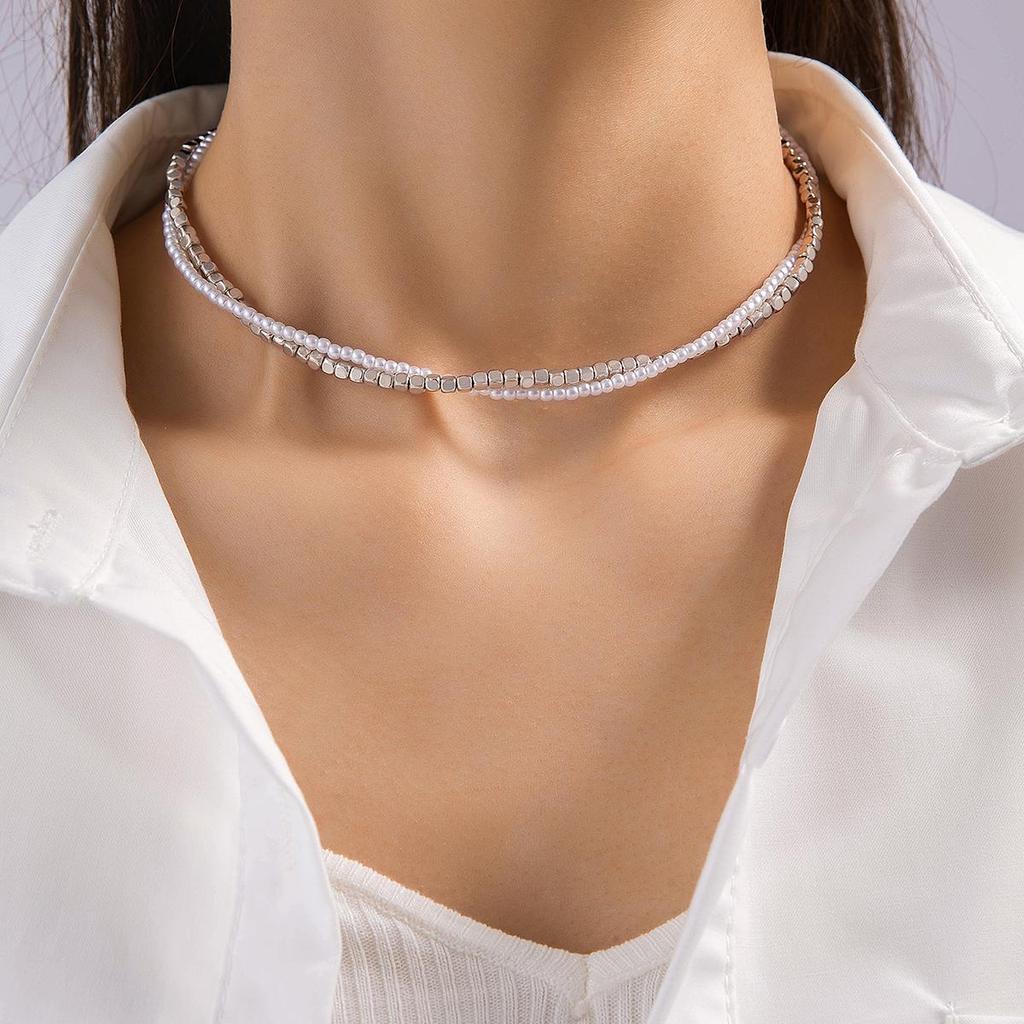 Minimalist Japanese and Korean Style Fresh Imitation Pearl CCB Versatile Bead Necklace, Square Candy Round Bead Necklace, Neck Chain, Women's Jewelry