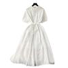 2026 retro embroidery hollow lace lapel breasted slim-fit long age-reducing bubble sleeve dress women