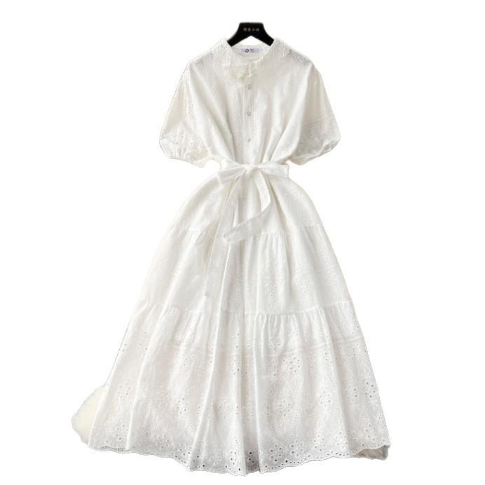 2026 retro embroidery hollow lace lapel breasted slim-fit long age-reducing bubble sleeve dress women