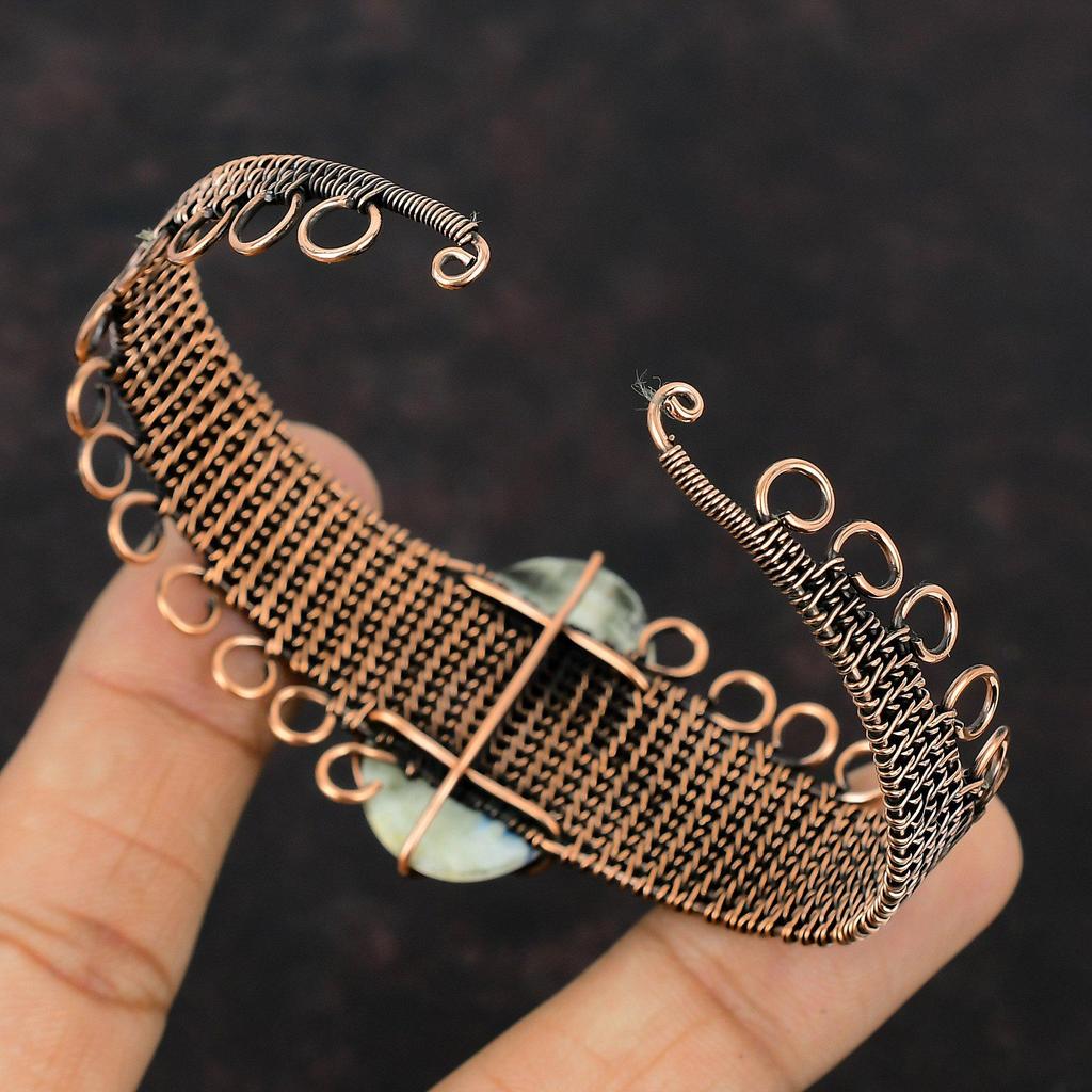 Blue Scheelite Copper Bangle Wire Wrapped Cuff Bracelet Adjustable Bangle Copper Wire Wrapped Jewelry Handmade Gemstone Bangle Gift For Her