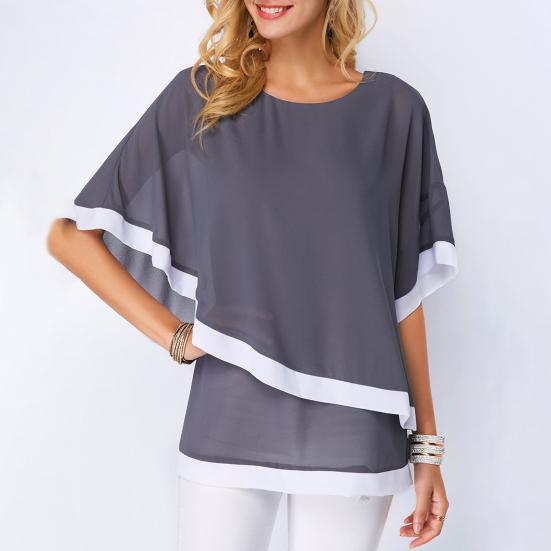 Dámská letní halenka s netopýřími rukávy a temperamentem, s kulatým výstřihem, nepravidelná dvouvrstvá patchworková šifonová košile