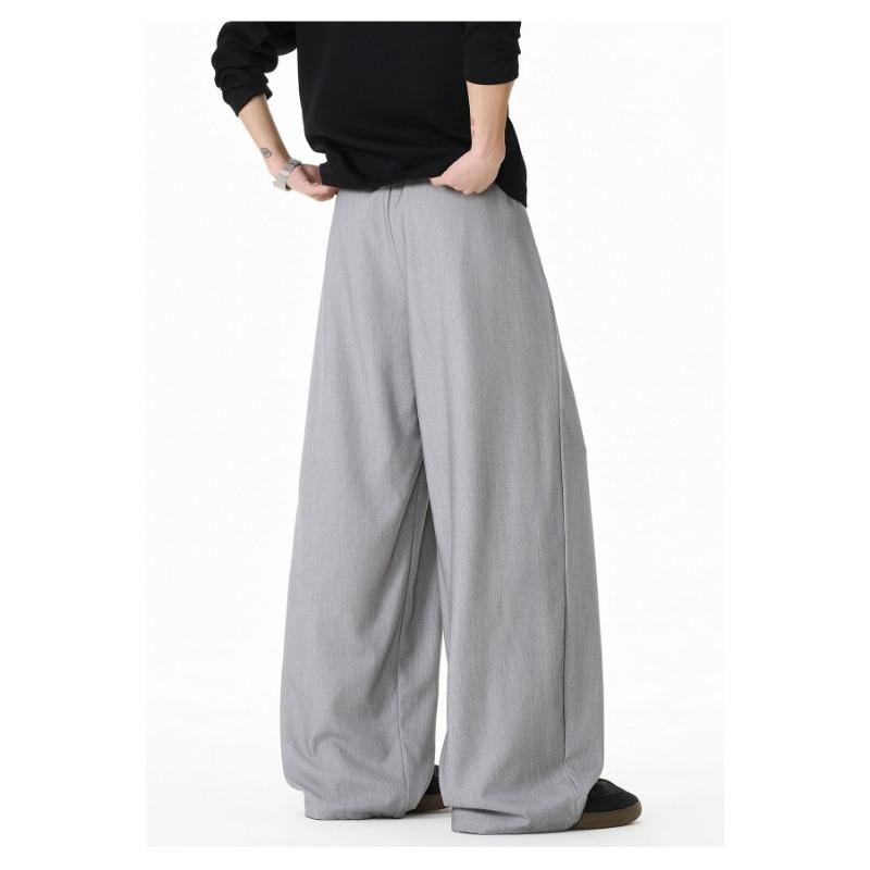 Mens Loose Draped Double Pleated Waist Straight Casual Long Trousers