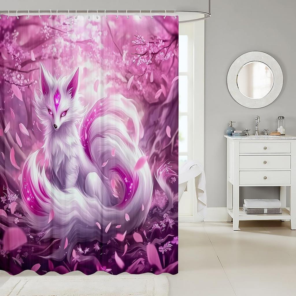 Pink Fox Shower Curtain Japanese Cherry Blossoms Bath Curtain Girls Teens Cute Cartoon Bathroom Shower Curtain Set Waterproof