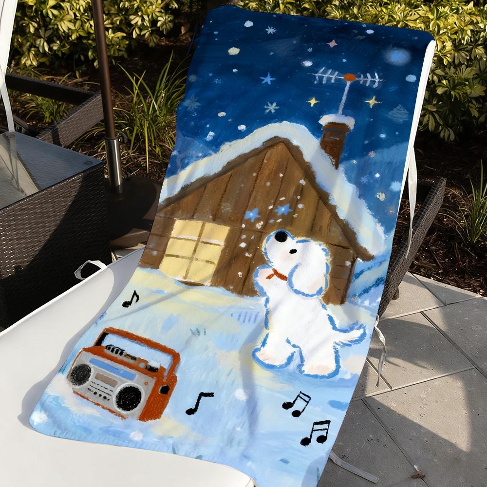 Cute Dog And Snow Towel For Swim Yoga Gym Quick Drying Soft and Skin-friendly Beach Towels All-Season