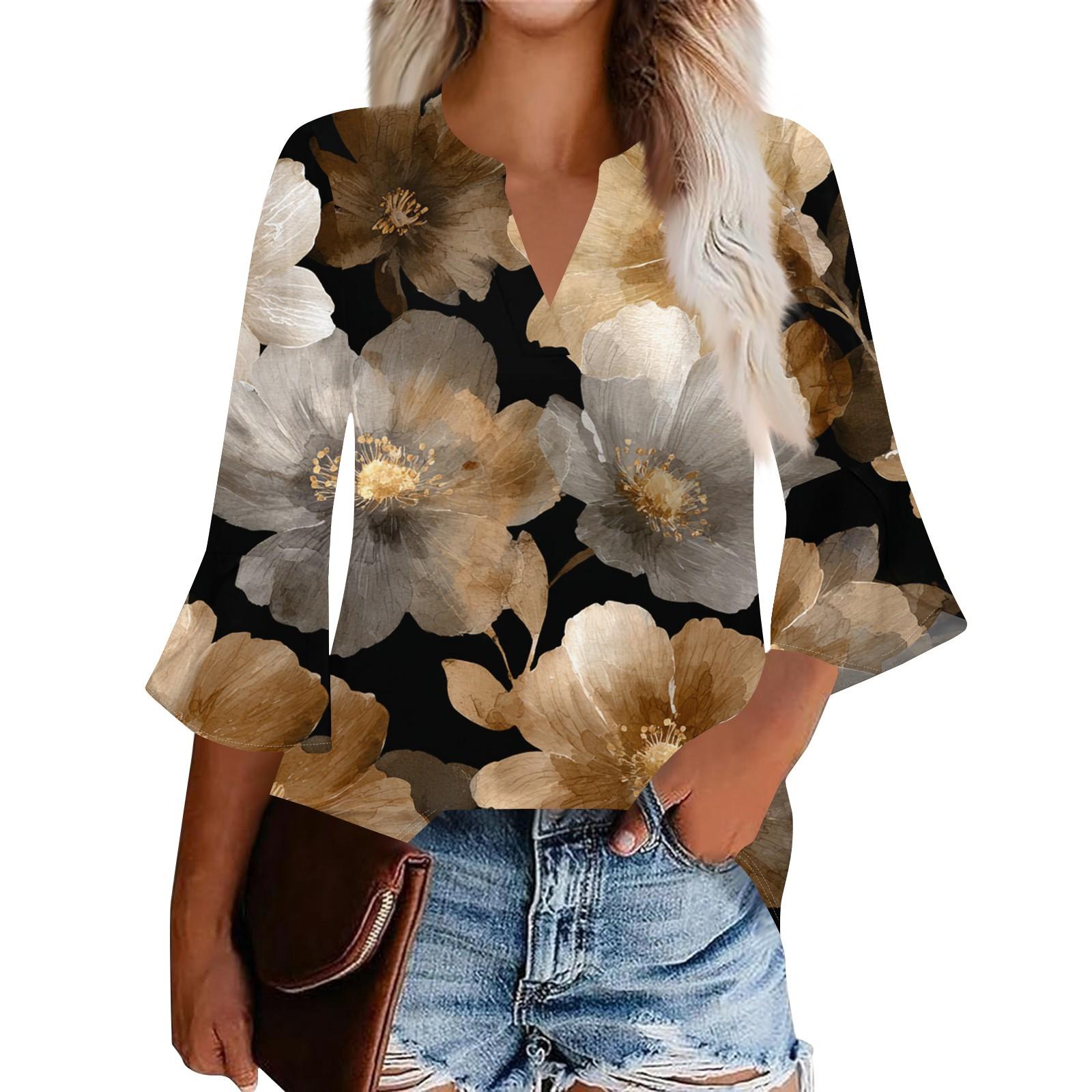 

Женский повседневный модный топ с цветочным принтом, рукавом три четверти и круглым вырезом XXXL верблюд