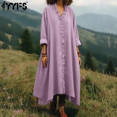 Moda donna primavera autunno tinta unita stampa manica lunga scollo a V vita larga abiti casual