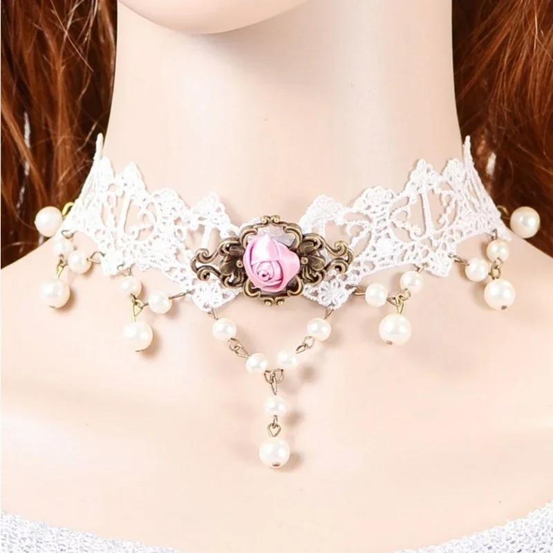 Lace Necklace Pearl  Pendant False Collar Wedding Jewelry Sets    for Women