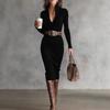 Rochie pulover midi cu nervuri pentru femei, gât în V, guler răsucit, mânecă lungă, mulată, croială slim, rochie de toamnă-iarnă cu curea inclusă