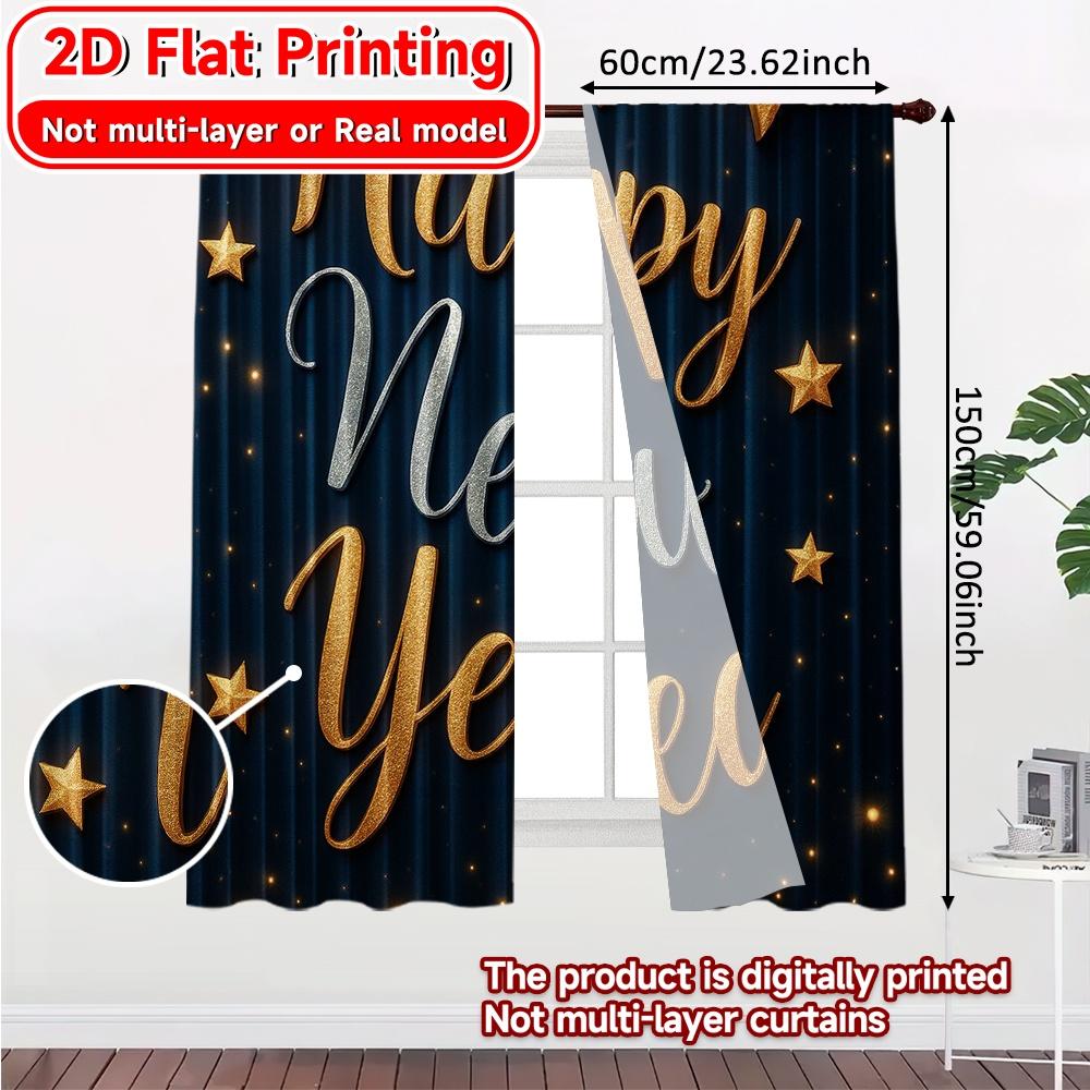 2D Flat Printing  2pcs New Year Stars Chic Curtain Cloth Machine Washable Fabric Curtains Festive for Grey   Semi-Transparent